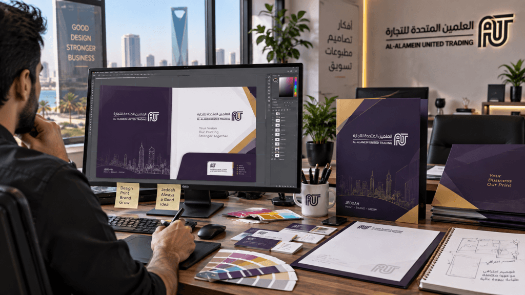 مصمم جرافيك في مكتب بجدة يراجع تصميم ملف شركة على شاشة كبيرة