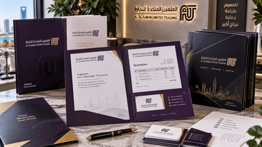 ملف شركة فاخر مفتوح يحتوي على عرض سعر وليترهيد وكرت شخصي