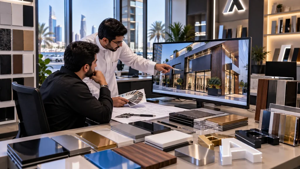 تصميم-واجهة-محل-وخامات-اللوحات-جدة