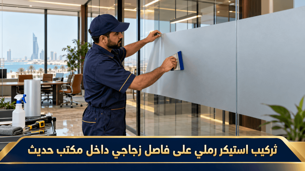 فني يركب استيكر رملي على فاصل زجاجي